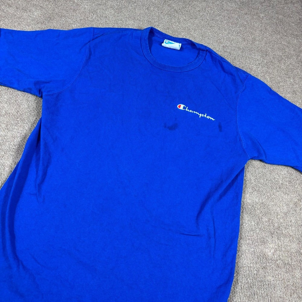 Champion T Shirt Mens Large Blue Script Logo Cotton Crew Neck Short Sleeve